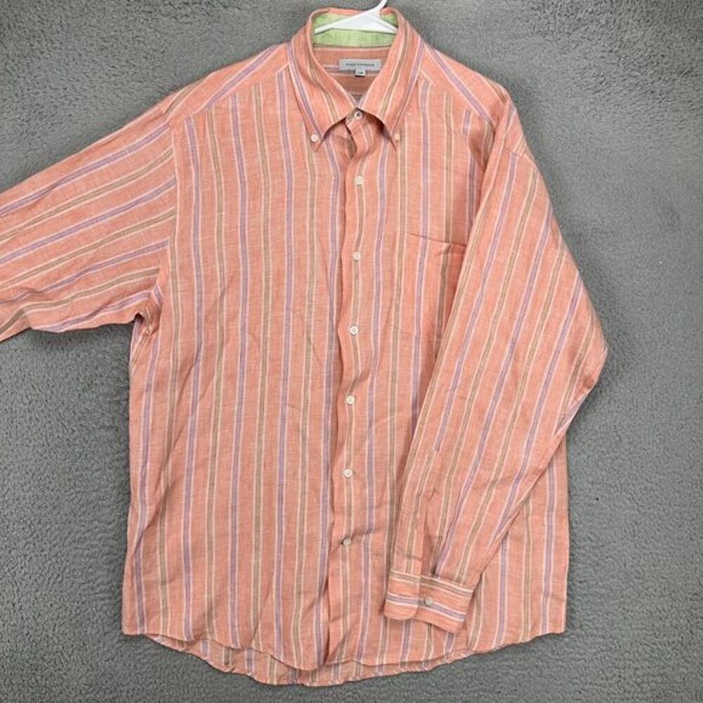 Alex Cannon 100% Linen Button Down Shirt Adult Large Peach Striped Casual Mens